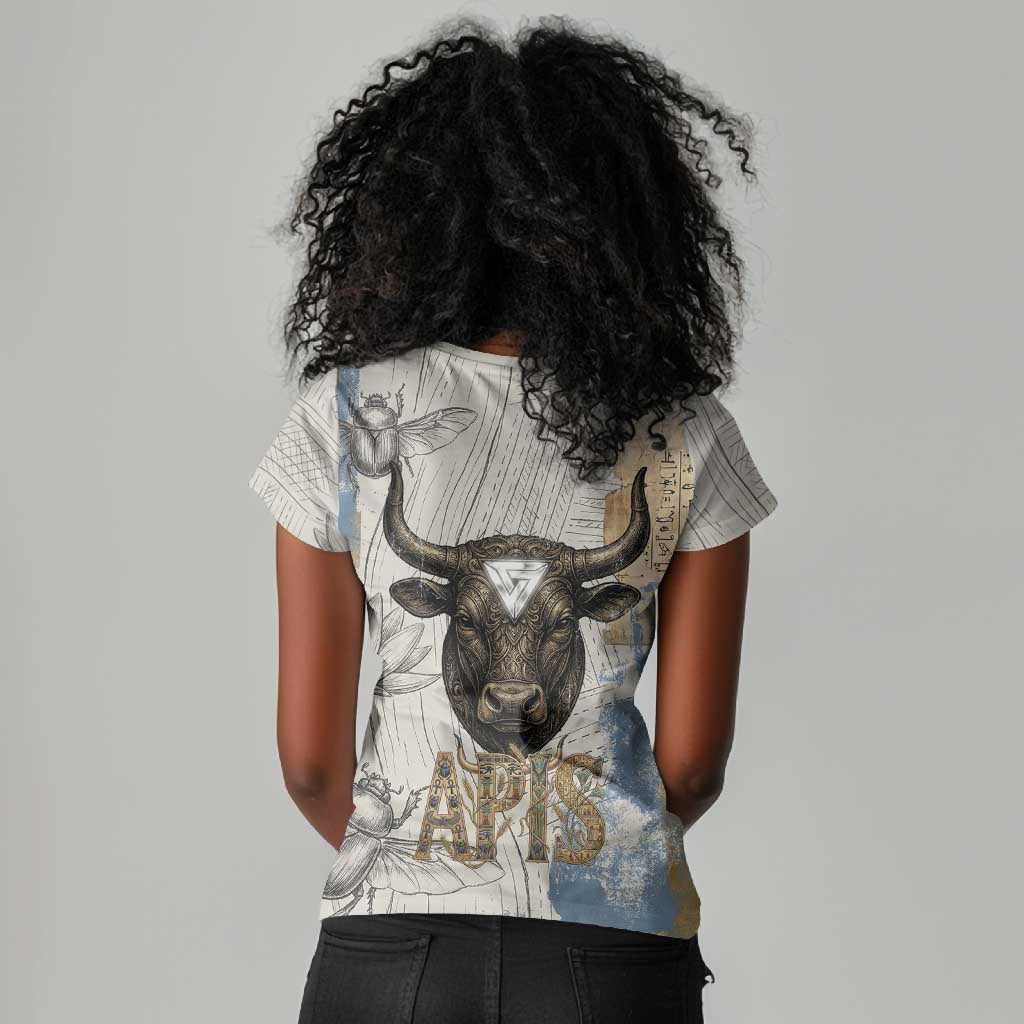 Apis Ancient Egyptian Women V-Neck T-Shirt with Beige-Gray Hieroglyphic, Ornate Bull Head, and Gold-Blue Typography - Wonder Print Shop