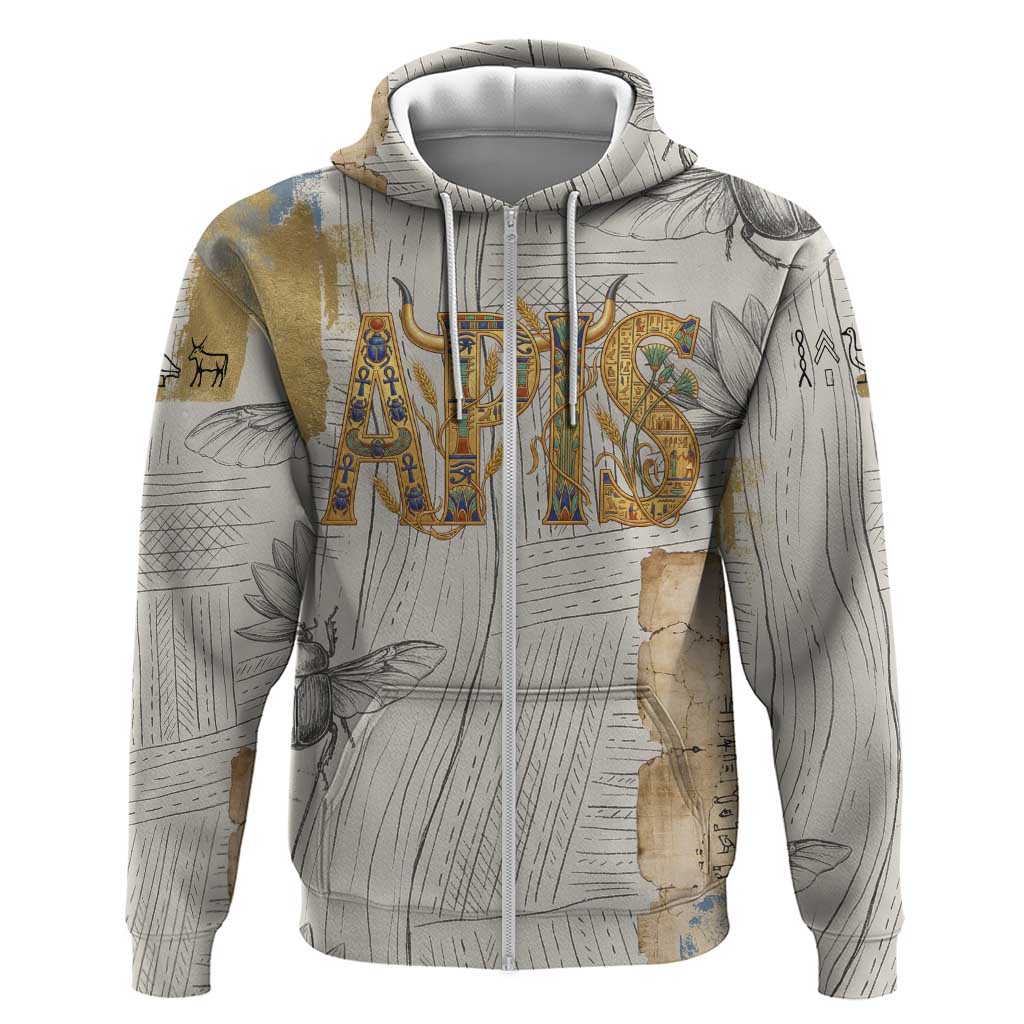 Apis Ancient Egyptian Zip Hoodie with Beige-Gray Hieroglyphic, Ornate Bull Head, and Gold-Blue Typography - Wonder Print Shop