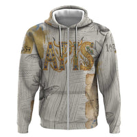 Apis Ancient Egyptian Zip Hoodie with Beige-Gray Hieroglyphic, Ornate Bull Head, and Gold-Blue Typography - Wonder Print Shop