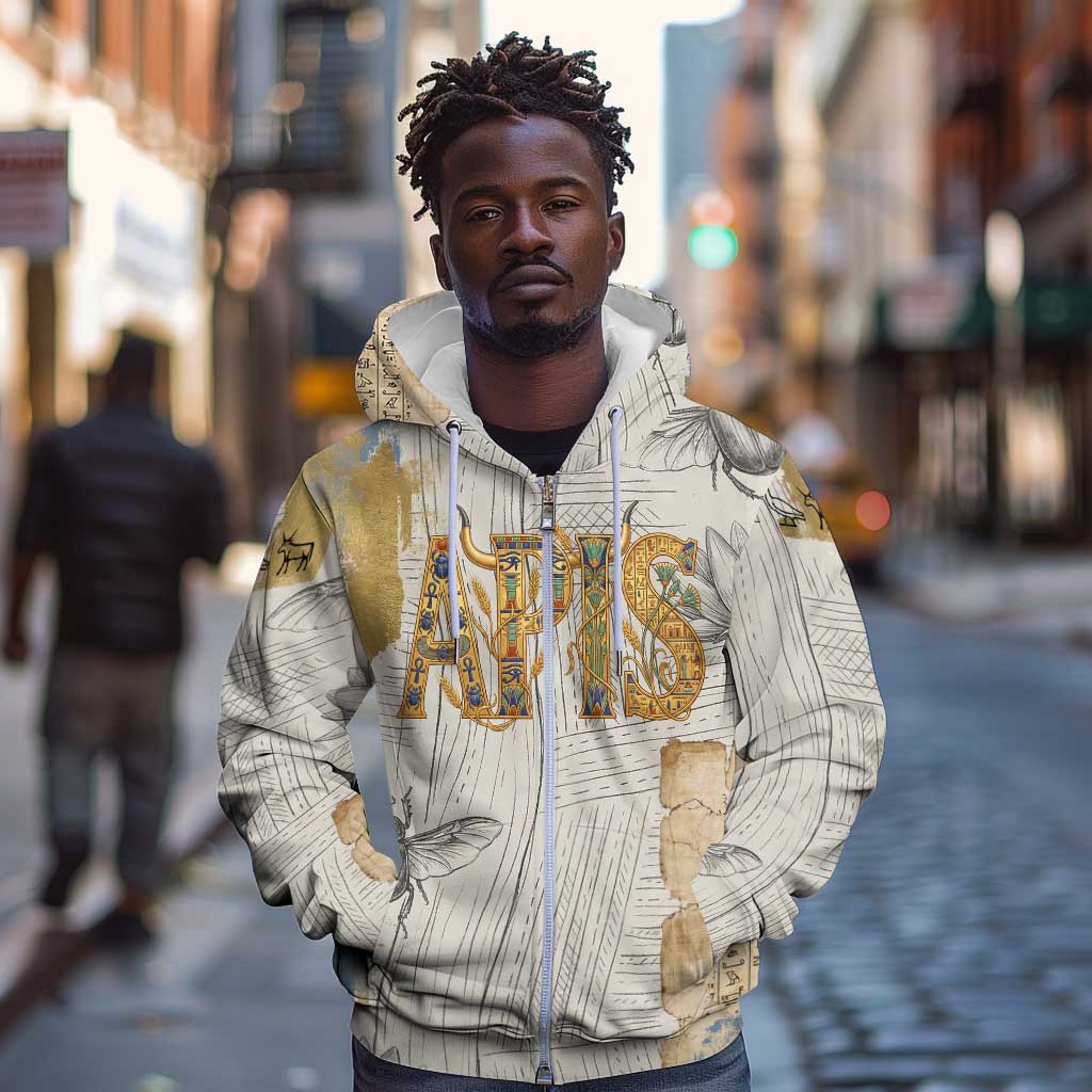 Apis Ancient Egyptian Zip Hoodie with Beige-Gray Hieroglyphic, Ornate Bull Head, and Gold-Blue Typography - Wonder Print Shop