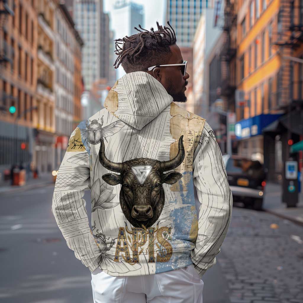Apis Ancient Egyptian Zip Hoodie with Beige-Gray Hieroglyphic, Ornate Bull Head, and Gold-Blue Typography - Wonder Print Shop