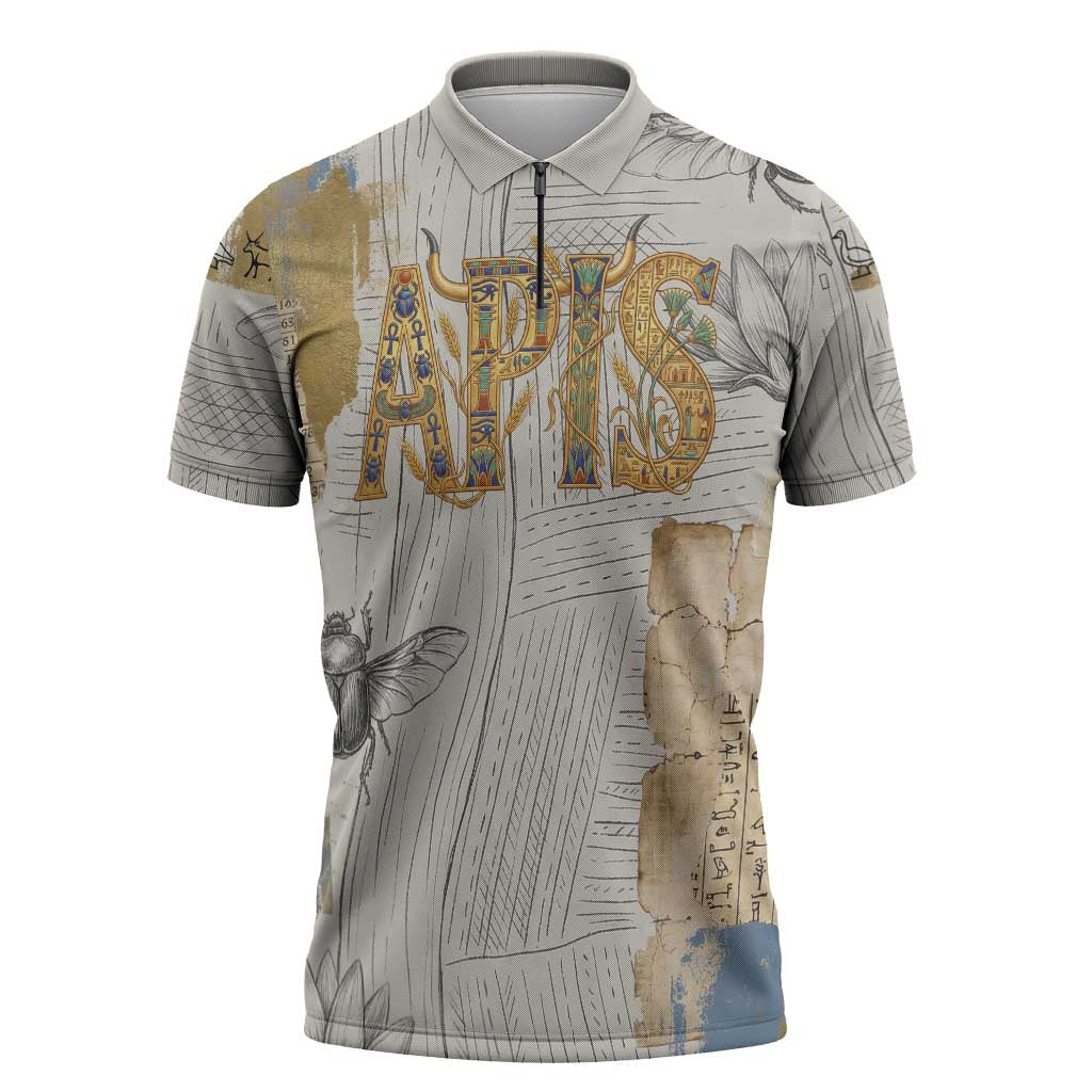 Apis Ancient Egyptian Zipper Polo Shirt with Beige-Gray Hieroglyphic, Ornate Bull Head, and Gold-Blue Typography - Wonder Print Shop