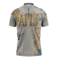 Apis Ancient Egyptian Zipper Polo Shirt with Beige-Gray Hieroglyphic, Ornate Bull Head, and Gold-Blue Typography - Wonder Print Shop