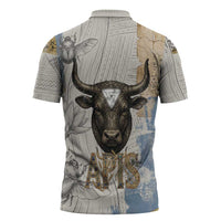 Apis Ancient Egyptian Zipper Polo Shirt with Beige-Gray Hieroglyphic, Ornate Bull Head, and Gold-Blue Typography - Wonder Print Shop