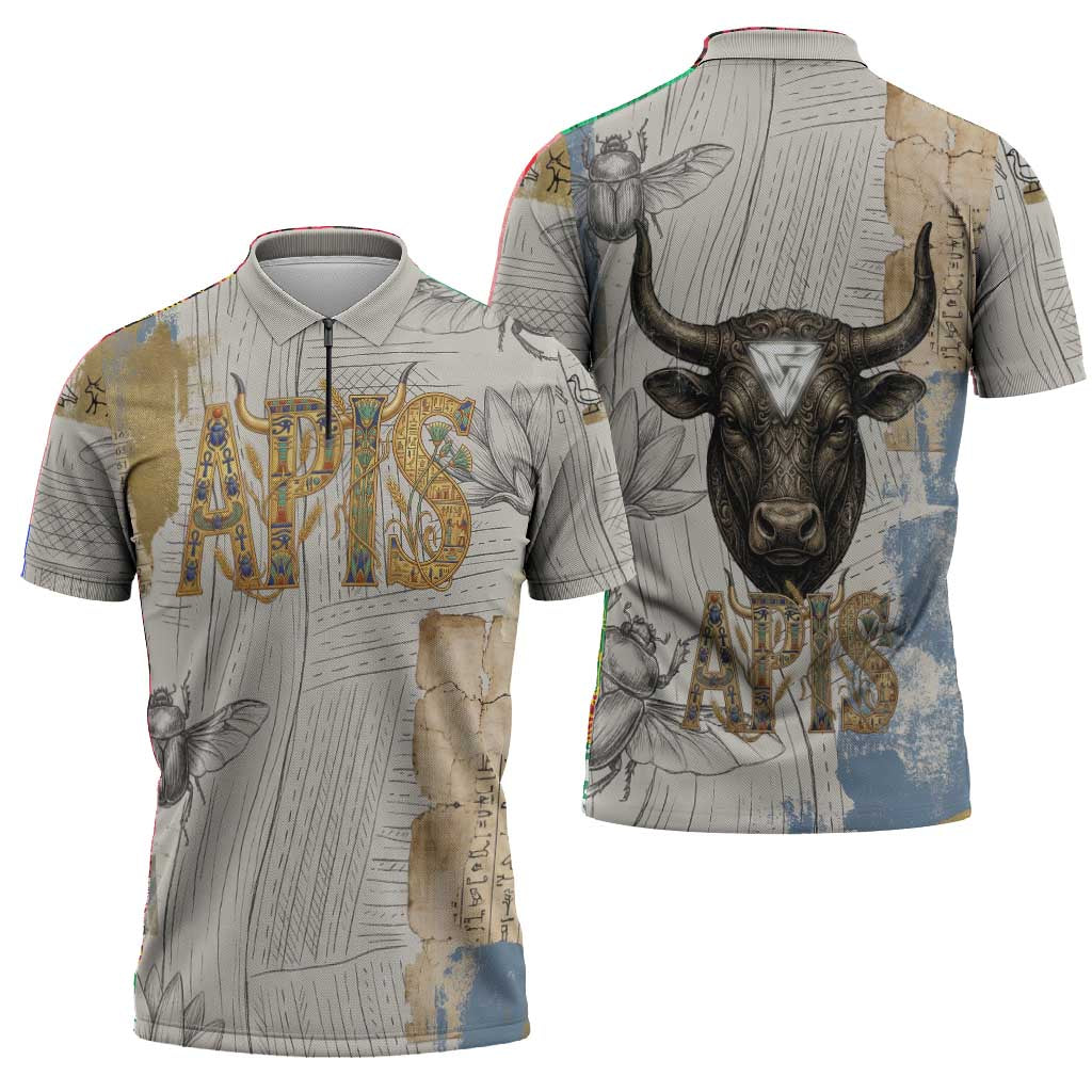 Apis Ancient Egyptian Zipper Polo Shirt with Beige-Gray Hieroglyphic, Ornate Bull Head, and Gold-Blue Typography - Wonder Print Shop