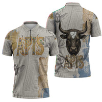 Apis Ancient Egyptian Zipper Polo Shirt with Beige-Gray Hieroglyphic, Ornate Bull Head, and Gold-Blue Typography - Wonder Print Shop