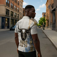 Apis Ancient Egyptian Zipper Polo Shirt with Beige-Gray Hieroglyphic, Ornate Bull Head, and Gold-Blue Typography - Wonder Print Shop