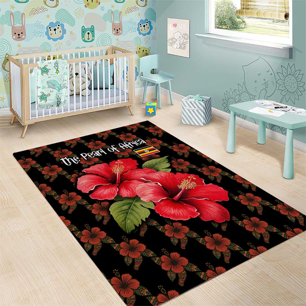 Uganda Area Rug with Hibiscus Flower Pattern and The Pearl of Africa Text
