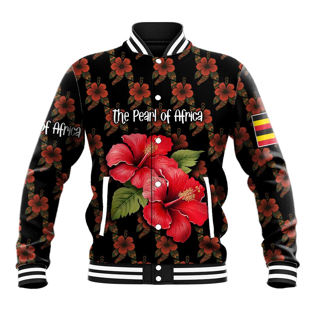 Uganda Baseball Jacket with Hibiscus Flower Pattern and The Pearl of Africa Text