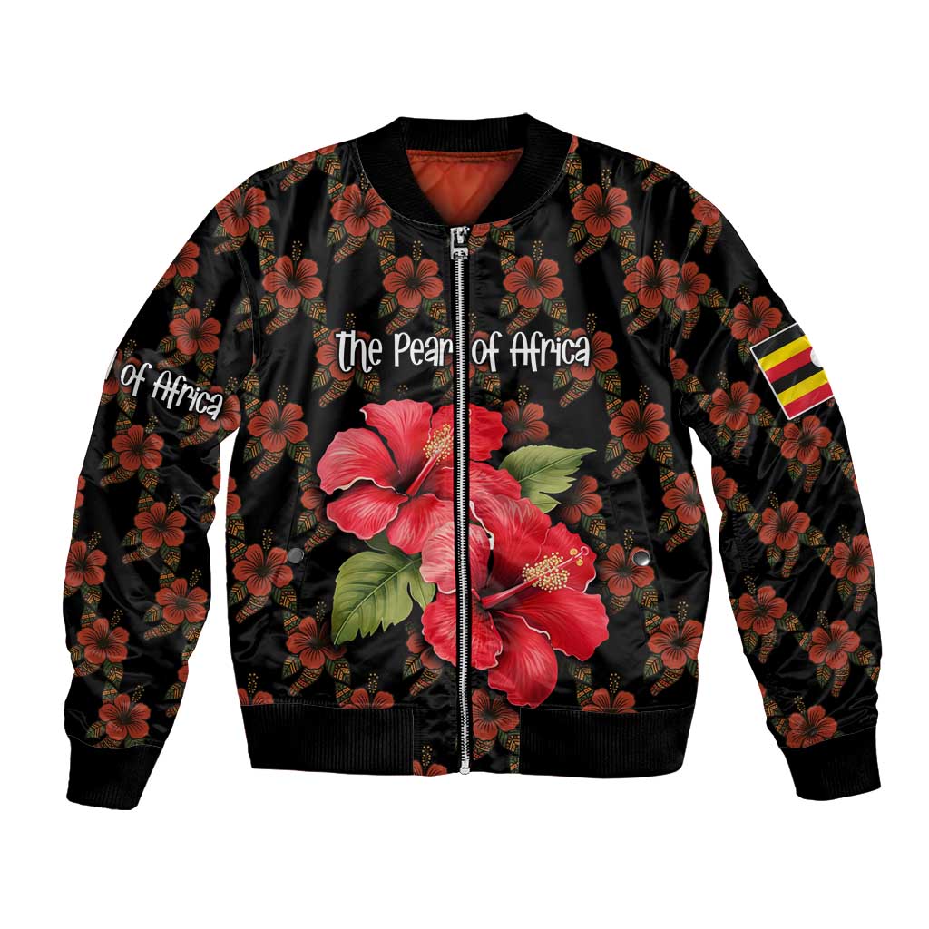 Uganda Bomber Jacket with Hibiscus Flower Pattern and The Pearl of Africa Text