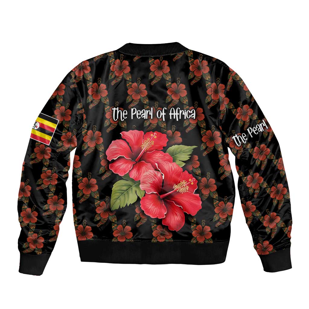 Uganda Bomber Jacket with Hibiscus Flower Pattern and The Pearl of Africa Text