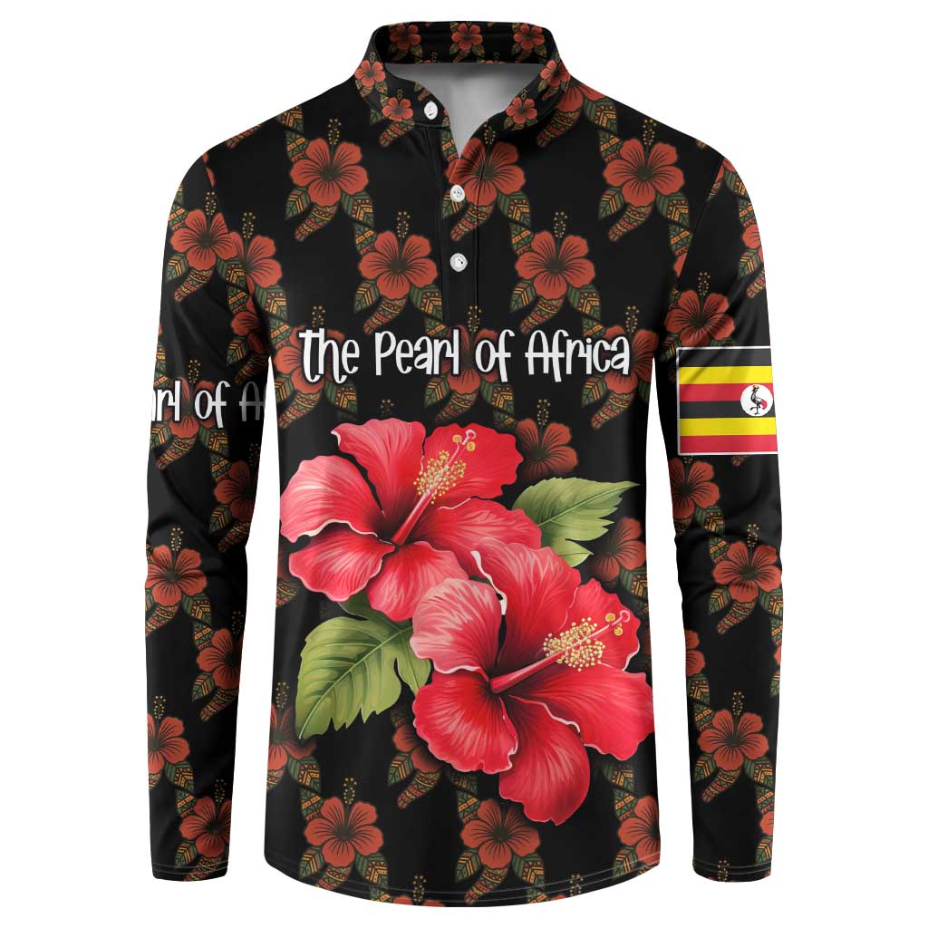 Uganda Button Sweatshirt with Hibiscus Flower Pattern and The Pearl of Africa Text