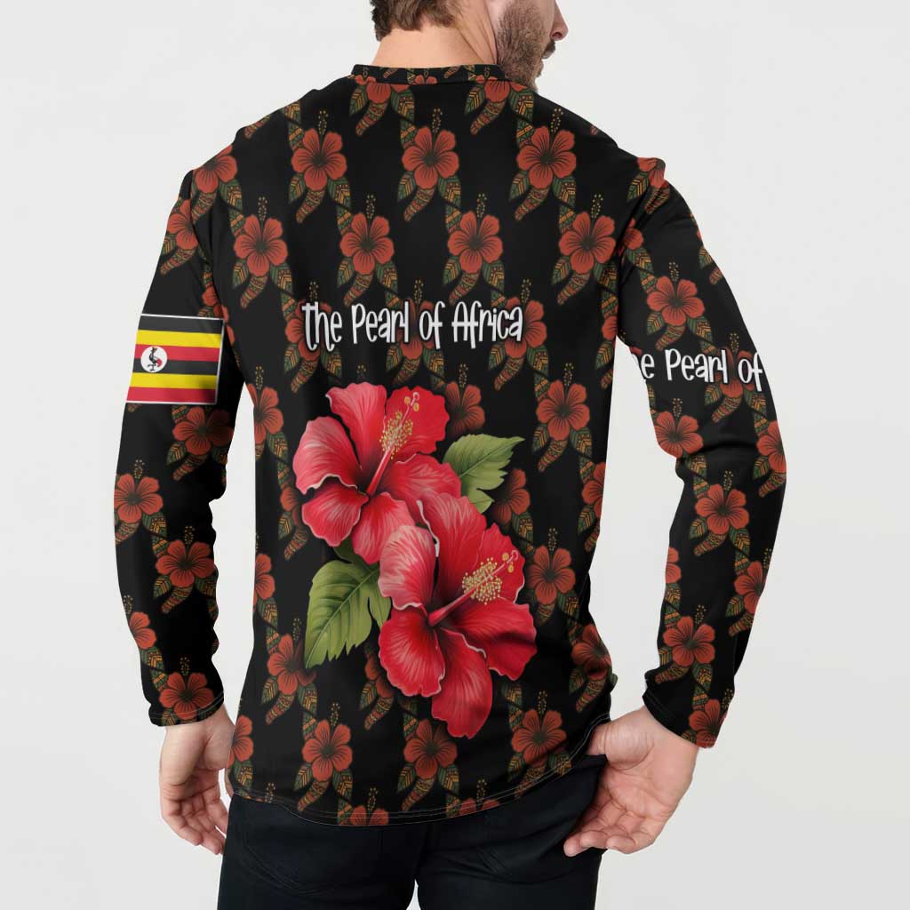 Uganda Button Sweatshirt with Hibiscus Flower Pattern and The Pearl of Africa Text