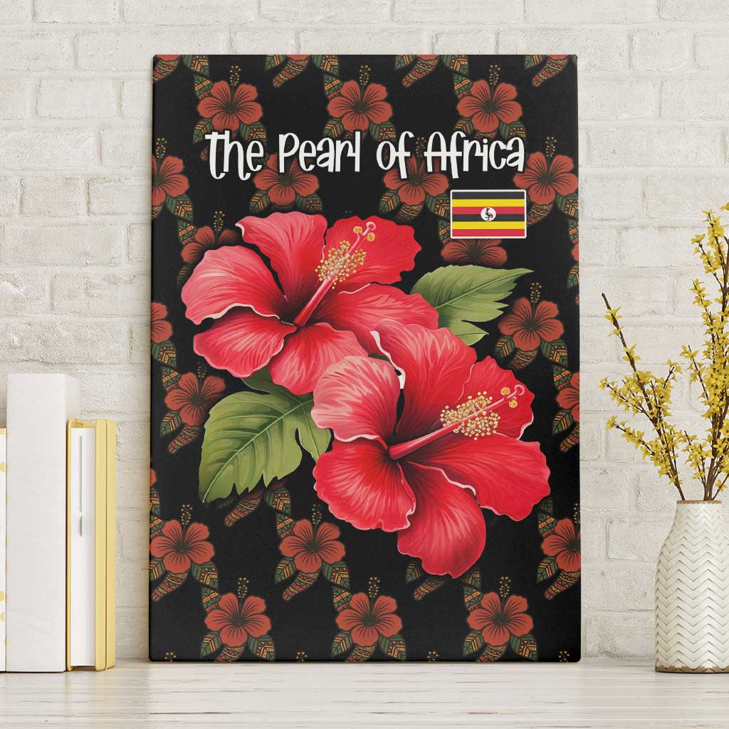 Uganda Canvas Wall Art with Hibiscus Flower Pattern and The Pearl of Africa Text