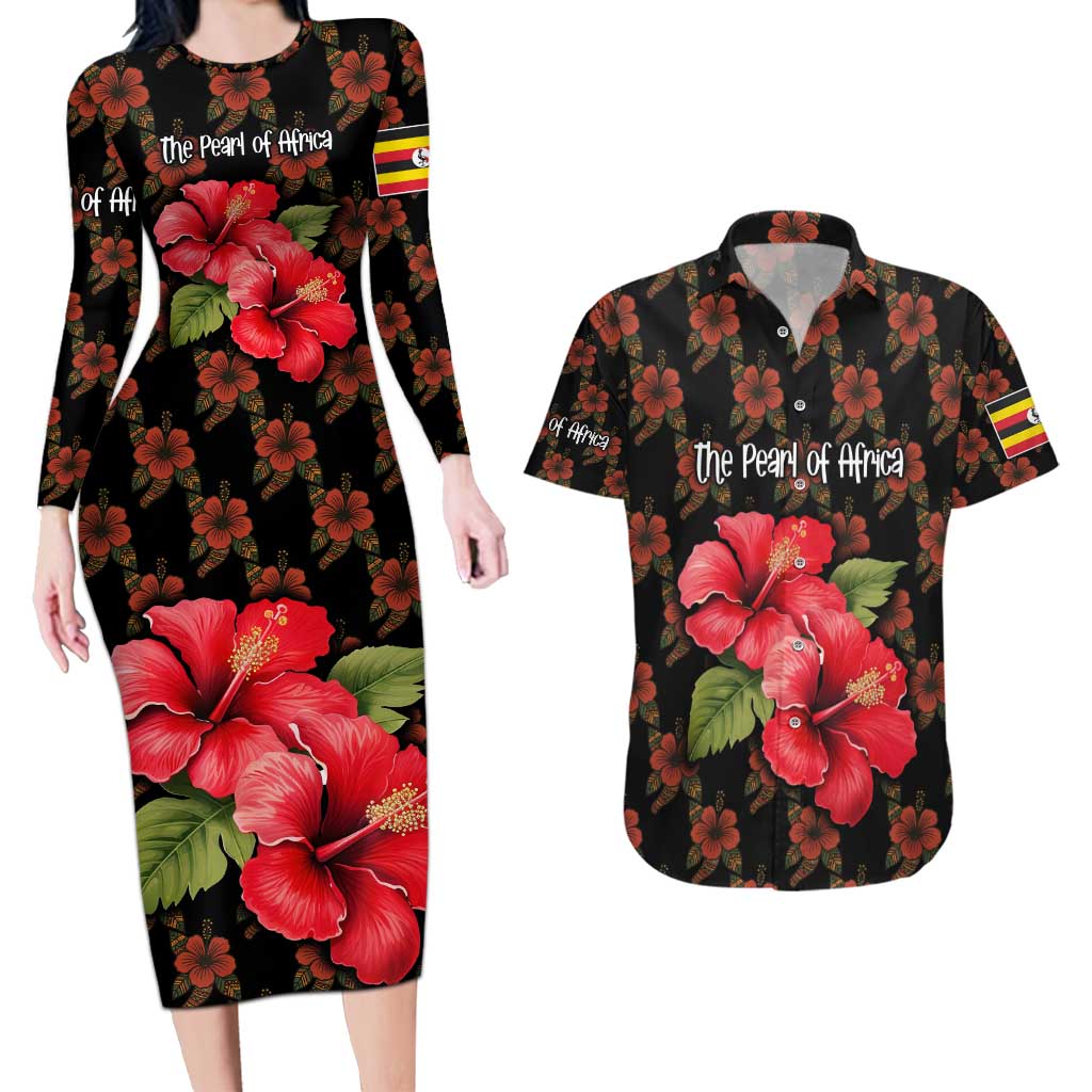 Uganda Couples Matching Long Sleeve Bodycon Dress and Hawaiian Shirt with Hibiscus Flower Pattern and The Pearl of Africa Text