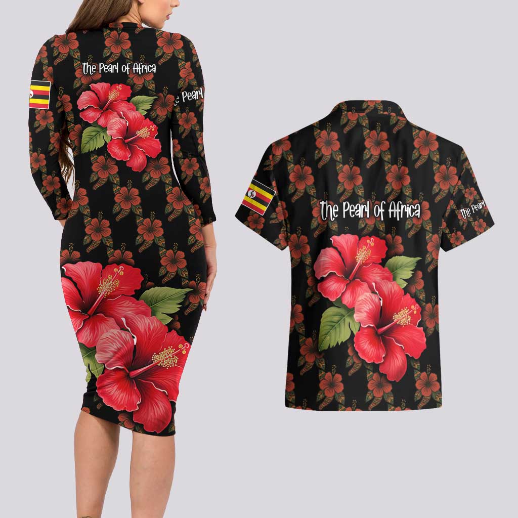 Uganda Couples Matching Long Sleeve Bodycon Dress and Hawaiian Shirt with Hibiscus Flower Pattern and The Pearl of Africa Text
