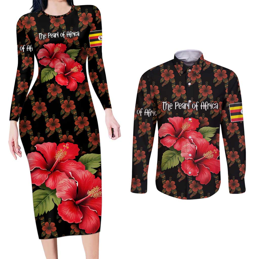 Uganda Couples Matching Long Sleeve Bodycon Dress and Long Sleeve Button Shirt with Hibiscus Flower Pattern and The Pearl of Africa Text