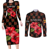Uganda Couples Matching Long Sleeve Bodycon Dress and Long Sleeve Button Shirt with Hibiscus Flower Pattern and The Pearl of Africa Text