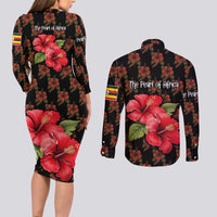 Uganda Couples Matching Long Sleeve Bodycon Dress and Long Sleeve Button Shirt with Hibiscus Flower Pattern and The Pearl of Africa Text