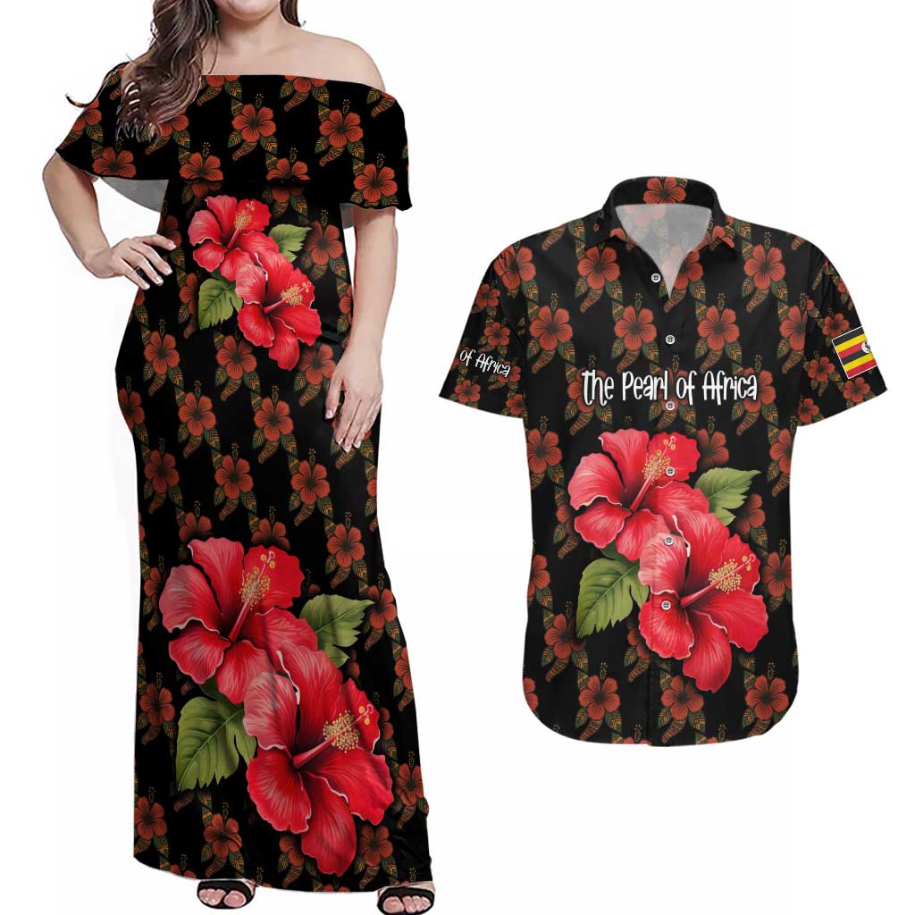 Uganda Couples Matching Off Shoulder Maxi Dress and Hawaiian Shirt with Hibiscus Flower Pattern and The Pearl of Africa Text