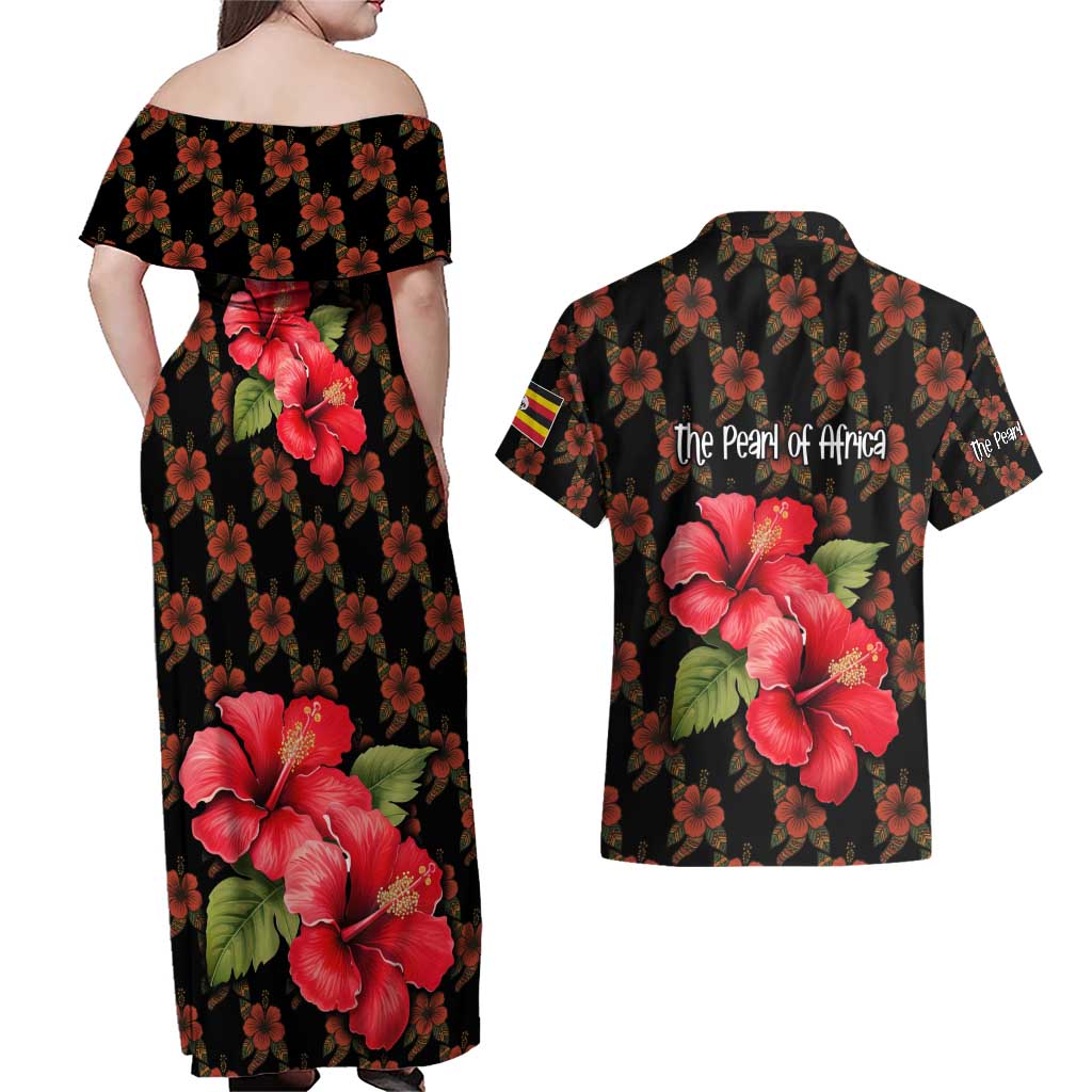 Uganda Couples Matching Off Shoulder Maxi Dress and Hawaiian Shirt with Hibiscus Flower Pattern and The Pearl of Africa Text