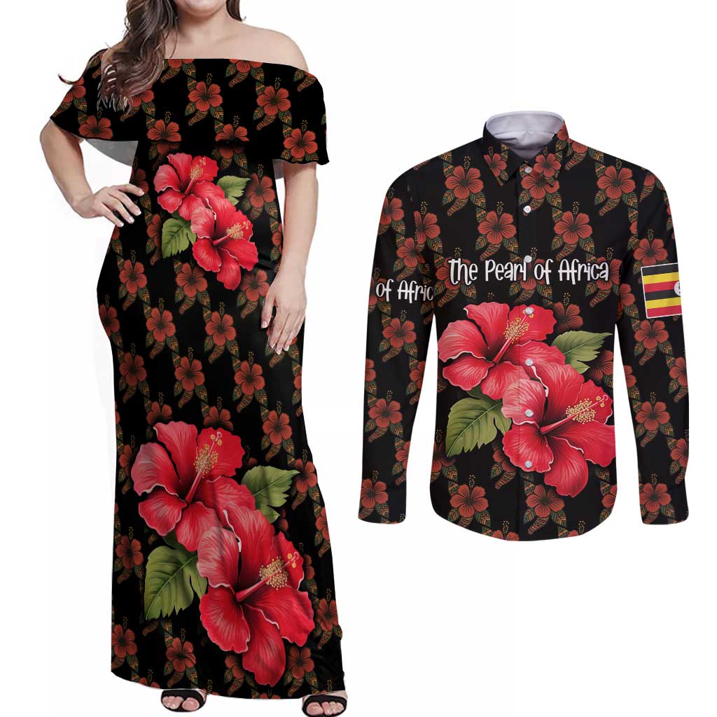 Uganda Couples Matching Off Shoulder Maxi Dress and Long Sleeve Button Shirt with Hibiscus Flower Pattern and The Pearl of Africa Text