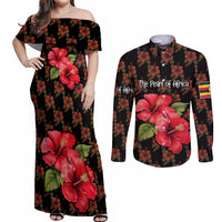 Uganda Couples Matching Off Shoulder Maxi Dress and Long Sleeve Button Shirt with Hibiscus Flower Pattern and The Pearl of Africa Text