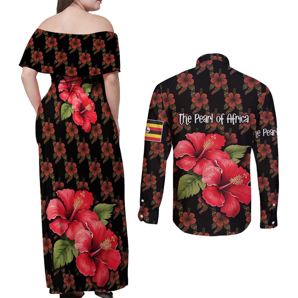 Uganda Couples Matching Off Shoulder Maxi Dress and Long Sleeve Button Shirt with Hibiscus Flower Pattern and The Pearl of Africa Text