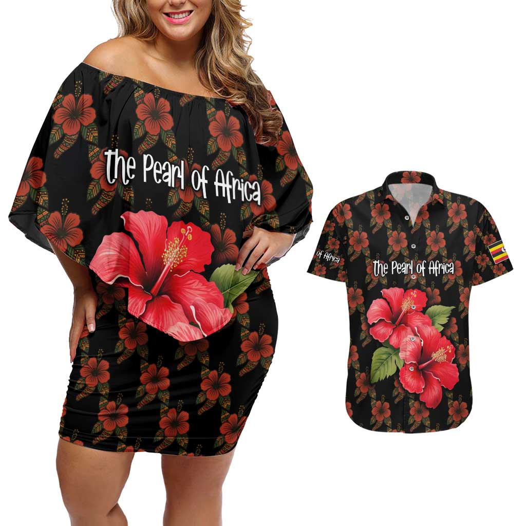 Uganda Couples Matching Off Shoulder Short Dress and Hawaiian Shirt with Hibiscus Flower Pattern and The Pearl of Africa Text