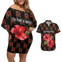 Uganda Couples Matching Off Shoulder Short Dress and Hawaiian Shirt with Hibiscus Flower Pattern and The Pearl of Africa Text
