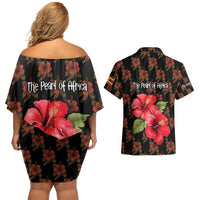 Uganda Couples Matching Off Shoulder Short Dress and Hawaiian Shirt with Hibiscus Flower Pattern and The Pearl of Africa Text