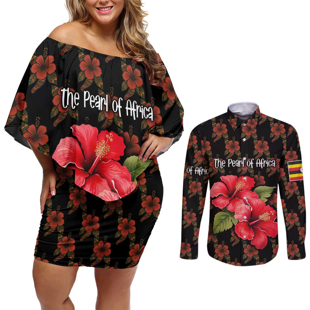 Uganda Couples Matching Off Shoulder Short Dress and Long Sleeve Button Shirt with Hibiscus Flower Pattern and The Pearl of Africa Text