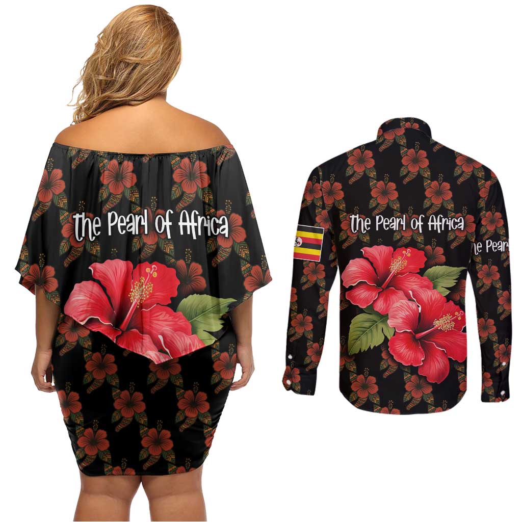 Uganda Couples Matching Off Shoulder Short Dress and Long Sleeve Button Shirt with Hibiscus Flower Pattern and The Pearl of Africa Text