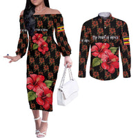 Uganda Couples Matching Off The Shoulder Long Sleeve Dress and Long Sleeve Button Shirt with Hibiscus Flower Pattern and The Pearl of Africa Text
