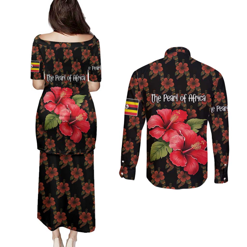 Uganda Couples Matching Puletasi and Long Sleeve Button Shirt with Hibiscus Flower Pattern and The Pearl of Africa Text