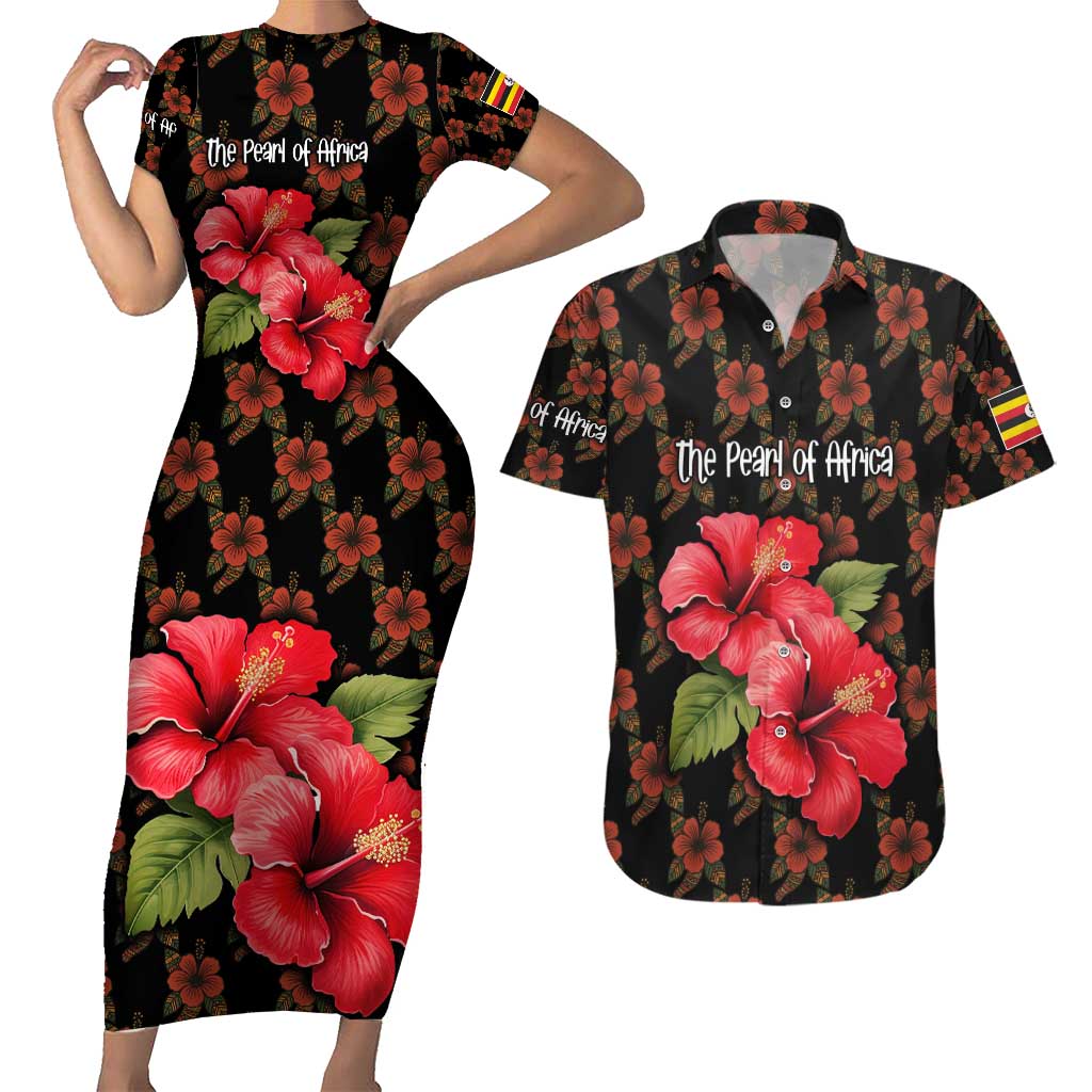 Uganda Couples Matching Short Sleeve Bodycon Dress and Hawaiian Shirt with Hibiscus Flower Pattern and The Pearl of Africa Text