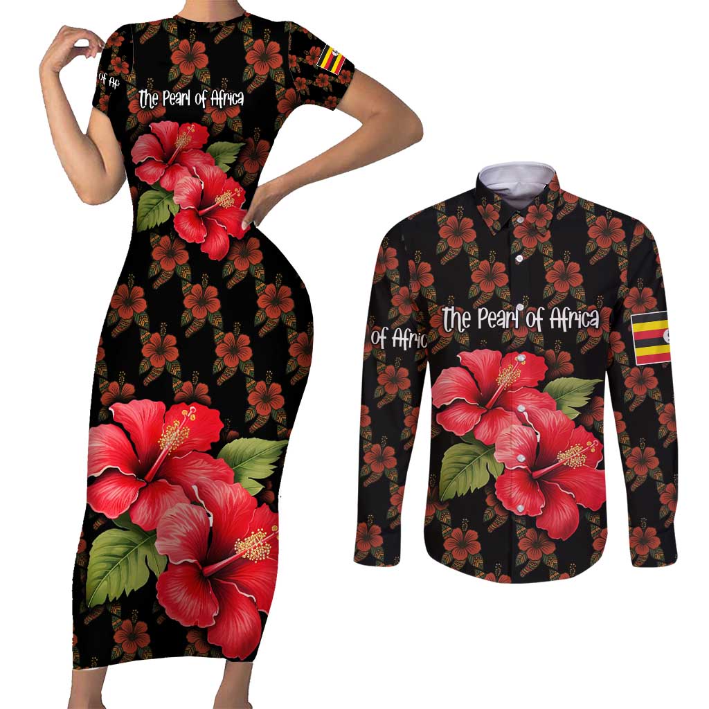 Uganda Couples Matching Short Sleeve Bodycon Dress and Long Sleeve Button Shirt with Hibiscus Flower Pattern and The Pearl of Africa Text