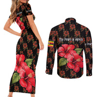 Uganda Couples Matching Short Sleeve Bodycon Dress and Long Sleeve Button Shirt with Hibiscus Flower Pattern and The Pearl of Africa Text