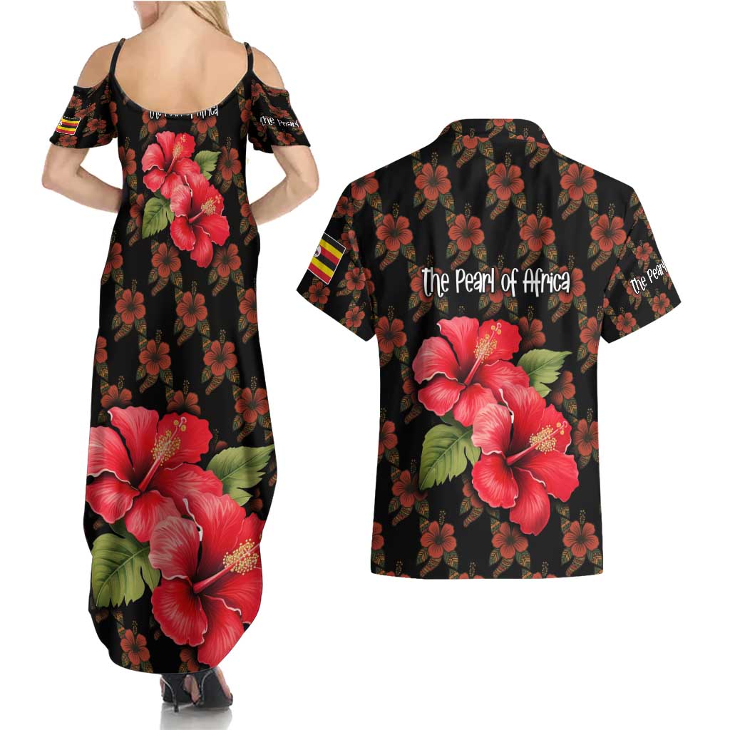 Uganda Couples Matching Summer Maxi Dress and Hawaiian Shirt with Hibiscus Flower Pattern and The Pearl of Africa Text