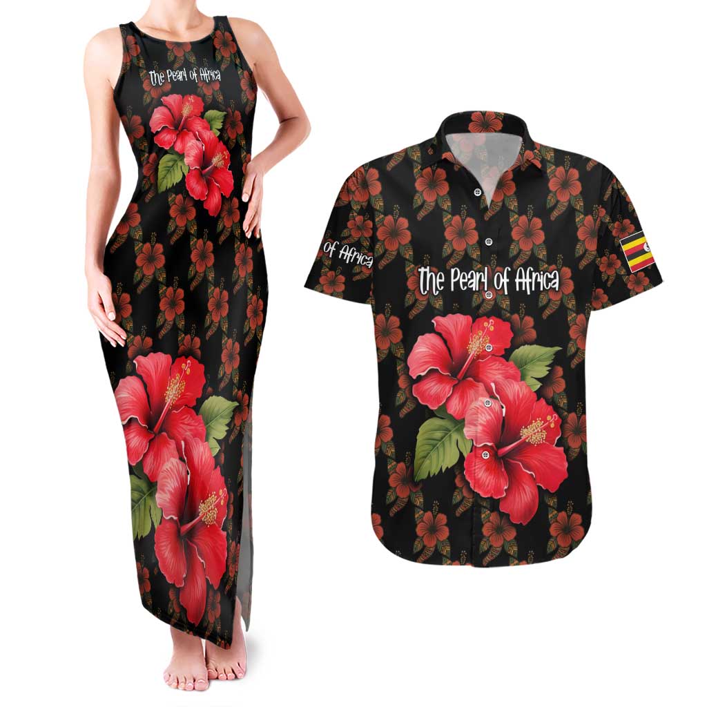 Uganda Couples Matching Tank Maxi Dress and Hawaiian Shirt with Hibiscus Flower Pattern and The Pearl of Africa Text