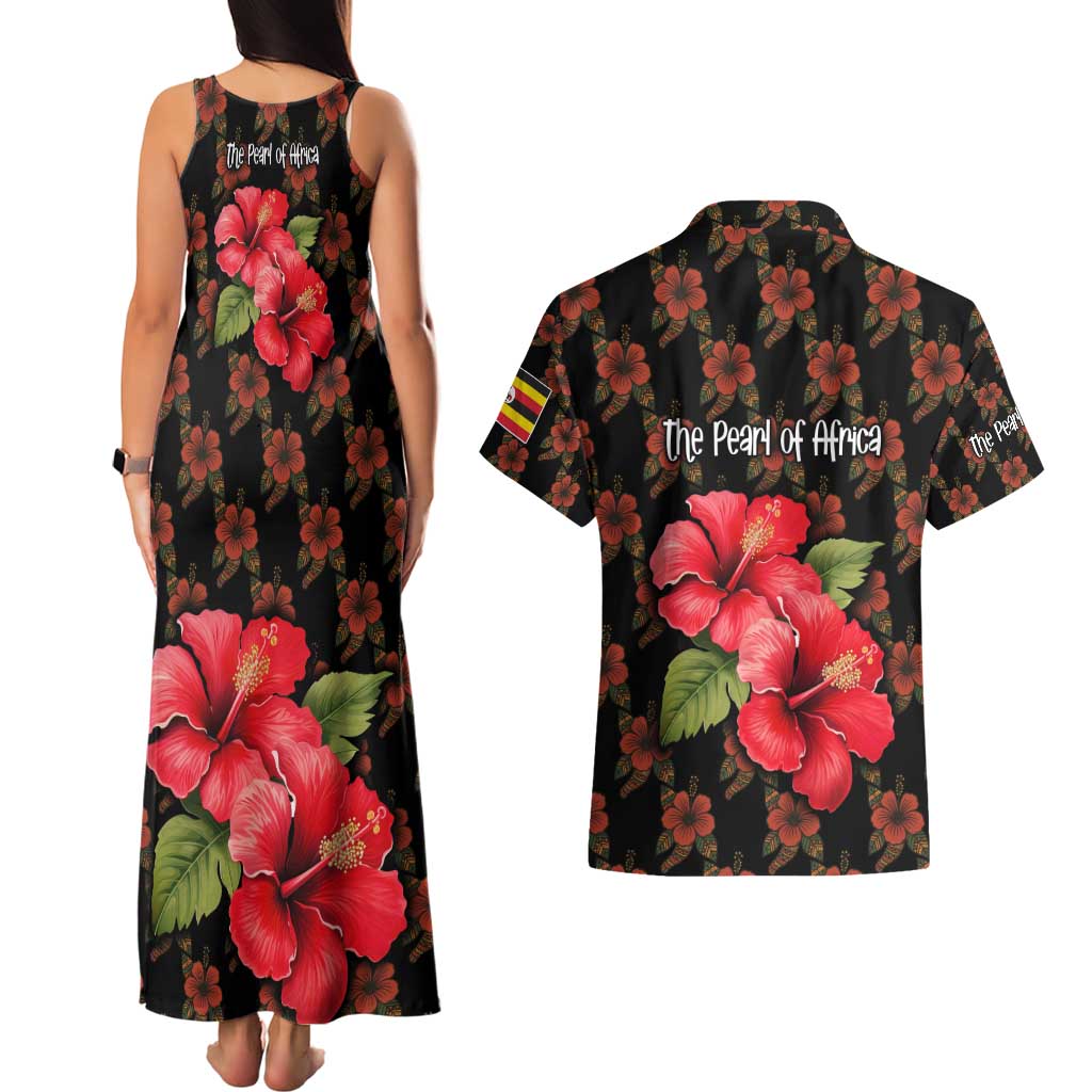 Uganda Couples Matching Tank Maxi Dress and Hawaiian Shirt with Hibiscus Flower Pattern and The Pearl of Africa Text