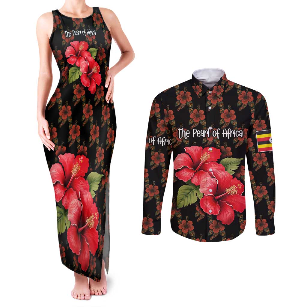 Uganda Couples Matching Tank Maxi Dress and Long Sleeve Button Shirt with Hibiscus Flower Pattern and The Pearl of Africa Text