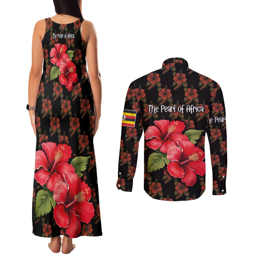 Uganda Couples Matching Tank Maxi Dress and Long Sleeve Button Shirt with Hibiscus Flower Pattern and The Pearl of Africa Text