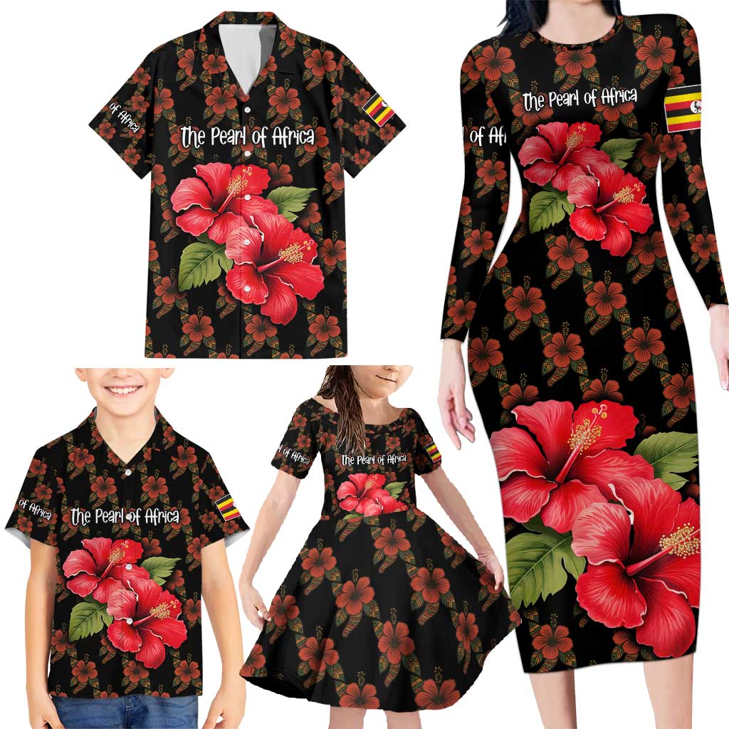 Uganda Family Matching Long Sleeve Bodycon Dress and Hawaiian Shirt with Hibiscus Flower Pattern and The Pearl of Africa Text