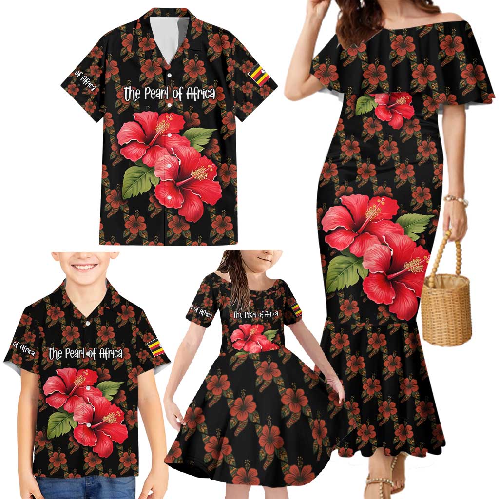 Uganda Family Matching Mermaid Dress and Hawaiian Shirt with Hibiscus Flower Pattern and The Pearl of Africa Text