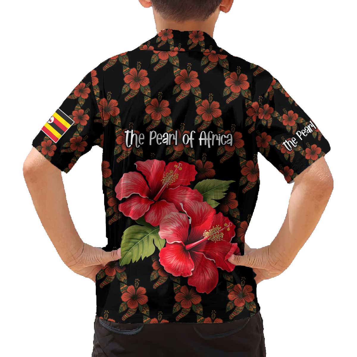Uganda Family Matching Off The Shoulder Long Sleeve Dress and Hawaiian Shirt with Hibiscus Flower Pattern and The Pearl of Africa Text