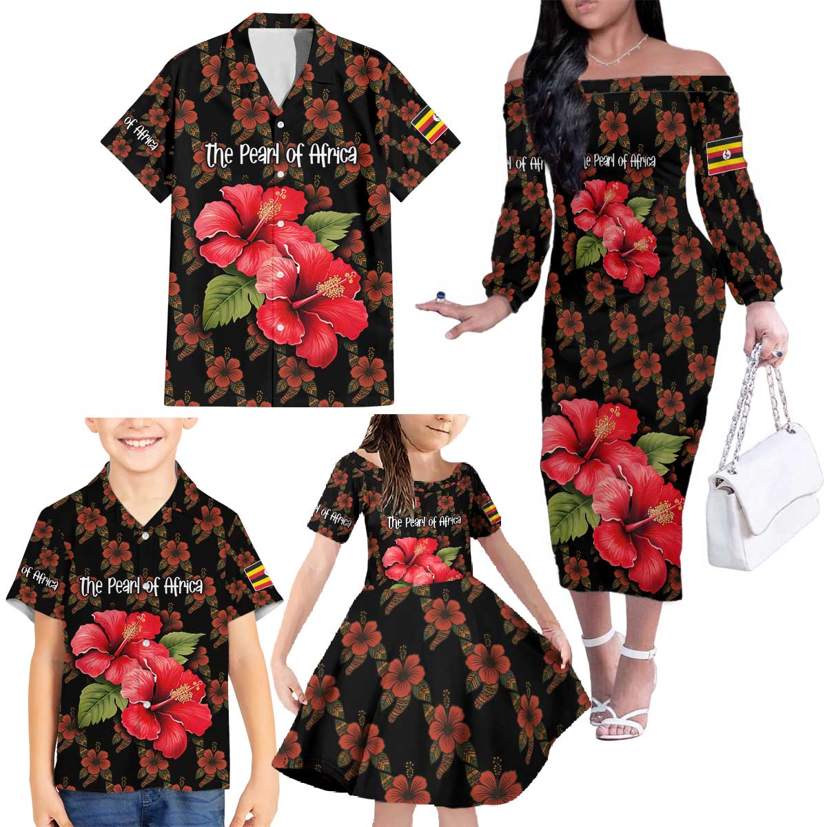 Uganda Family Matching Off The Shoulder Long Sleeve Dress and Hawaiian Shirt with Hibiscus Flower Pattern and The Pearl of Africa Text