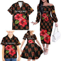 Uganda Family Matching Off The Shoulder Long Sleeve Dress and Hawaiian Shirt with Hibiscus Flower Pattern and The Pearl of Africa Text