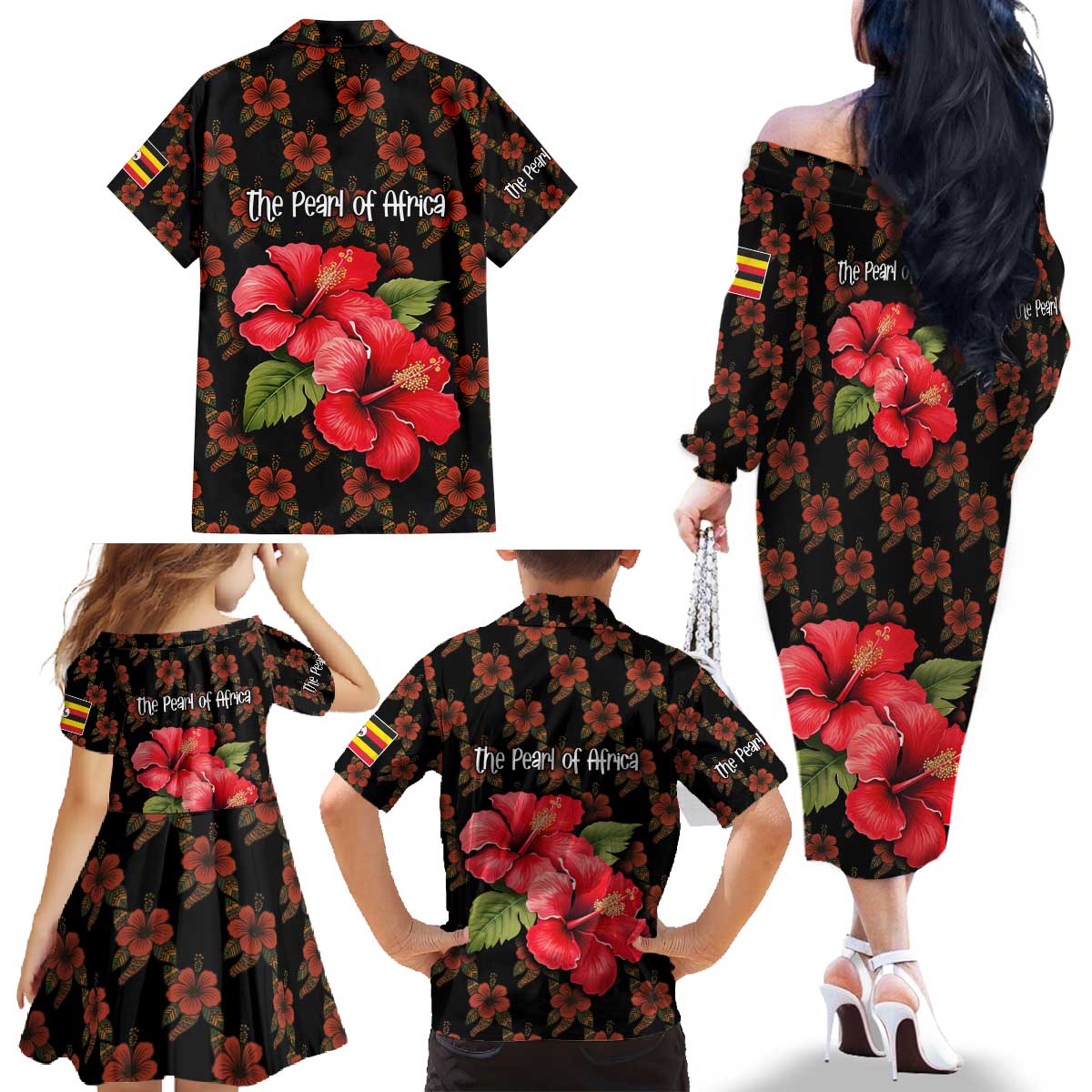 Uganda Family Matching Off The Shoulder Long Sleeve Dress and Hawaiian Shirt with Hibiscus Flower Pattern and The Pearl of Africa Text