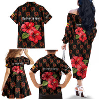 Uganda Family Matching Off The Shoulder Long Sleeve Dress and Hawaiian Shirt with Hibiscus Flower Pattern and The Pearl of Africa Text